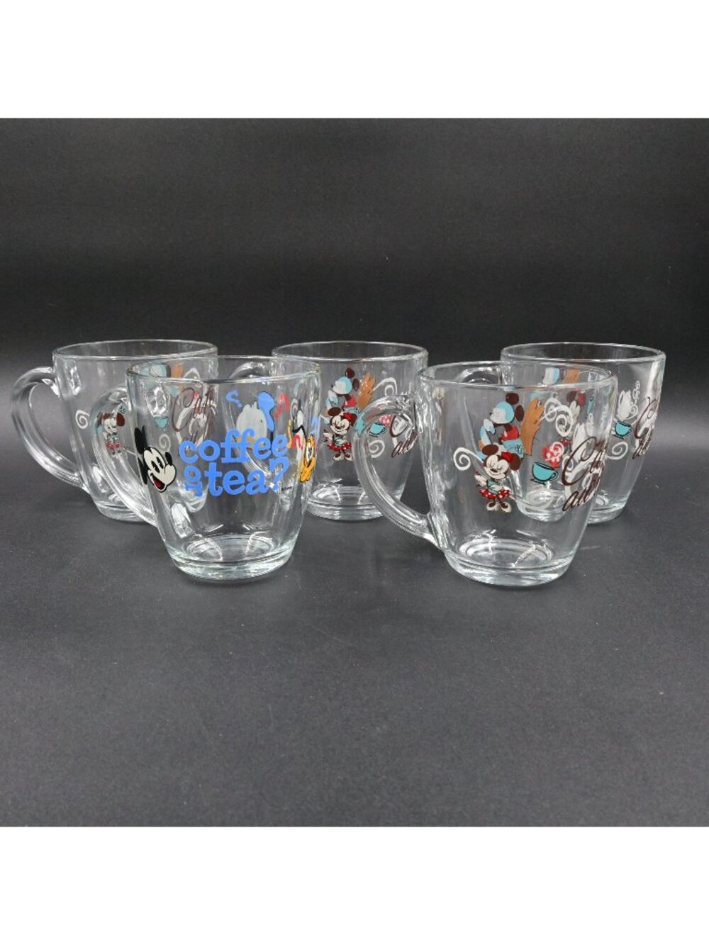 Disney Mickey & Minnie Mouse Clear Glass Coffee Tea Mugs Cups Set of 5 Vintage